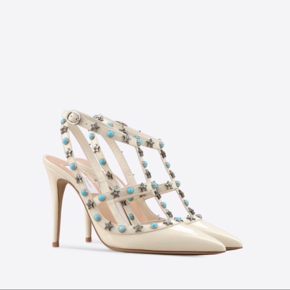 Valentino Starstudded Ankle Strap Pumps - Ivory